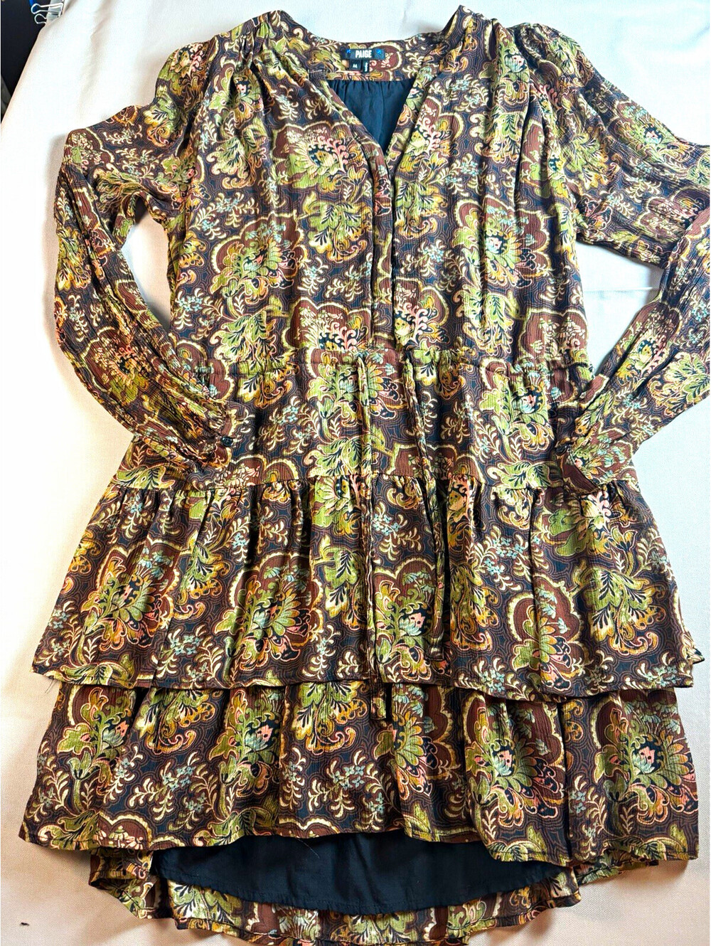 PAIGE 100% Silk Paisley Tiered Mini Dress Womens M Brown Olive Floral Long Sleev
